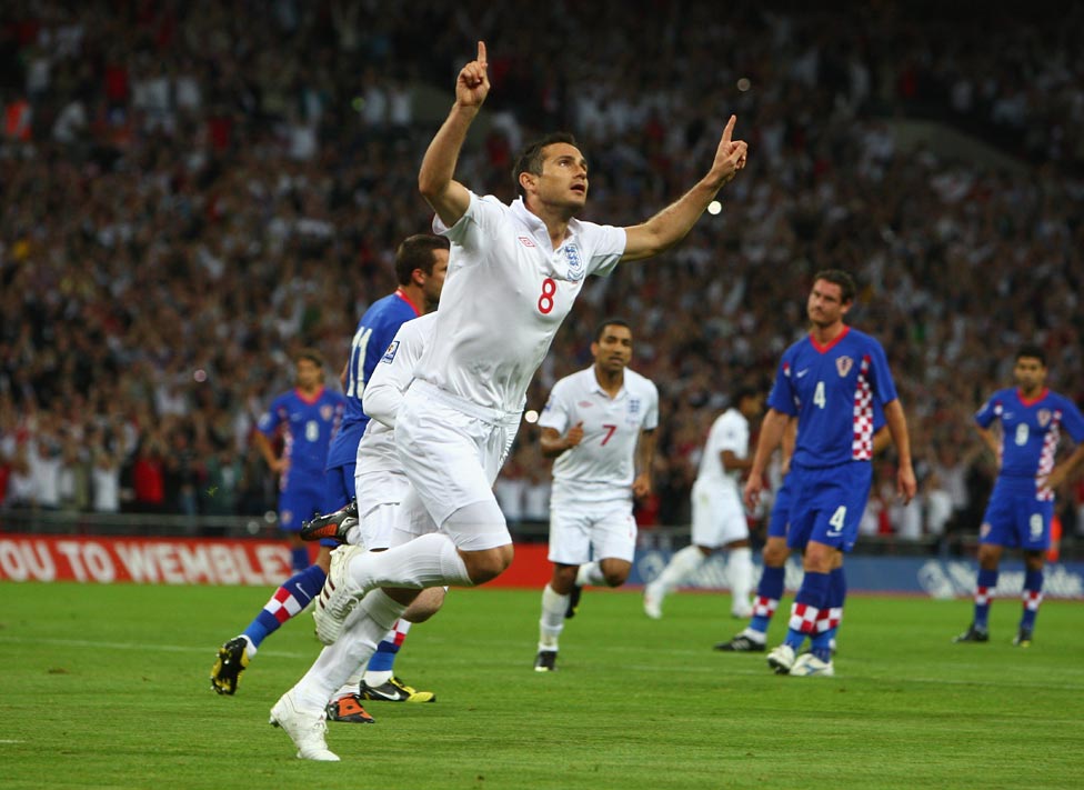 Frank Lampard celebrates scoring his fifth goal in seven games for England.